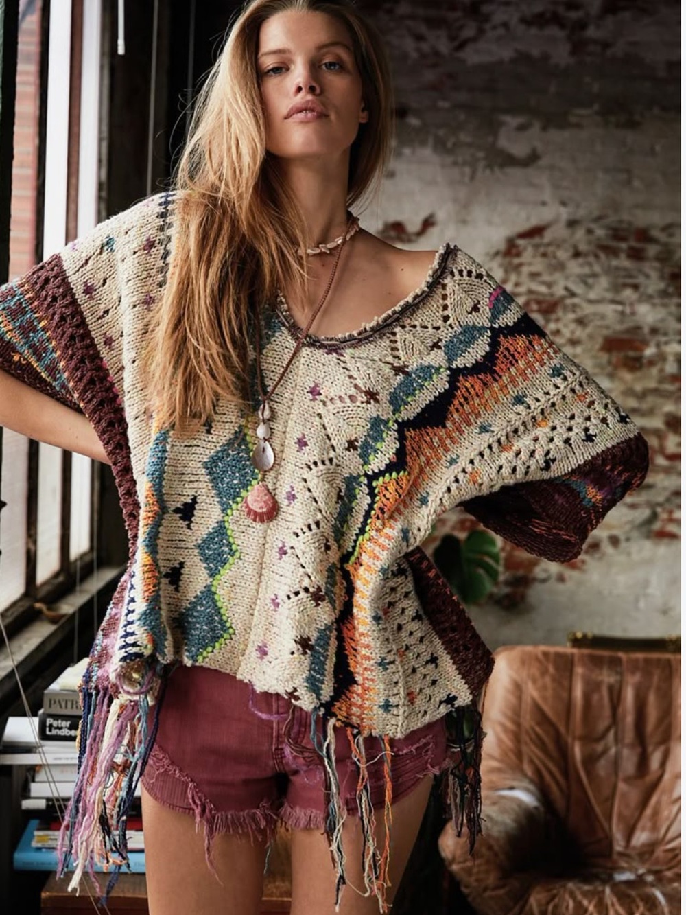 RARE! Free People Handmade Poncho Sweater Gorgeous knit Boho Colorful Fits S/M/L